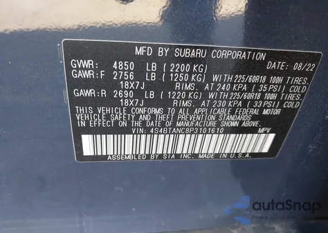 2023 Subaru Outback Limited z USA, uszkodzony, nr VIN 4S4BTANC8P3101610